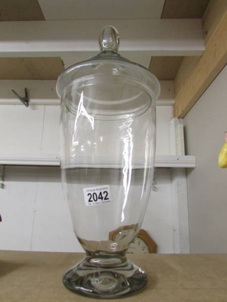 A good glass lidded "Sweet Jar" with lid, approximately 46 cm tall.