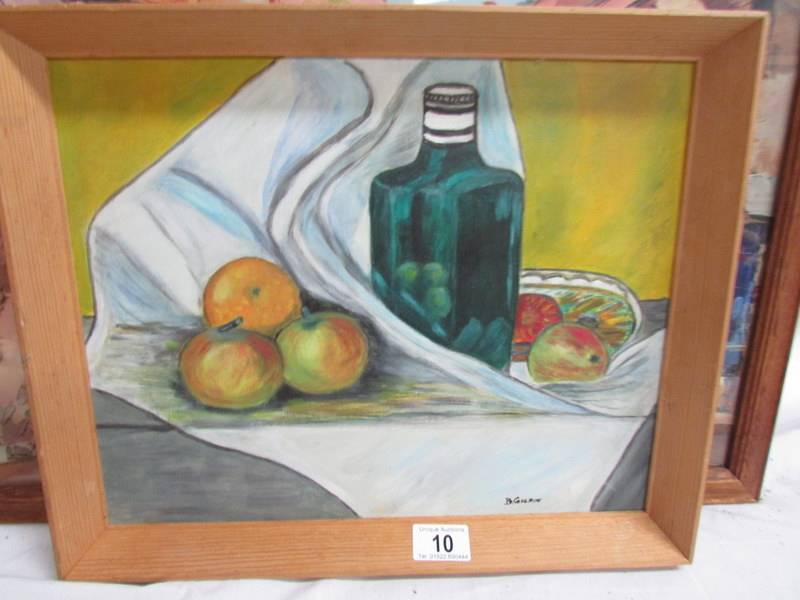 A still life oil on board signed B Gilpin, image 36 x 30 cm, framed 41 x 34 cm.