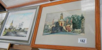 A late 20th century watercolour village scene and one other picture.