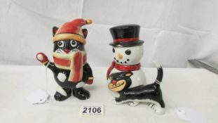 A Lorna Bailey snowman cat (a/f chip on hat) and a Lorna Bailey winter cat.