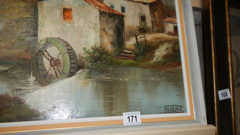 An oil on board painting of a water mill. - Image 2 of 2