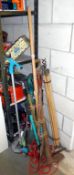 A quantity of garden tools, metal detector, drain rods, etc.