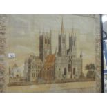 A large 19th century framed picture of Lincoln Cathedral, 70 x 84 cm (some damage to silk).