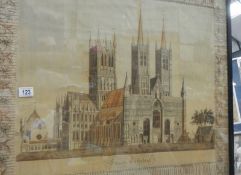 A large 19th century framed picture of Lincoln Cathedral, 70 x 84 cm (some damage to silk).