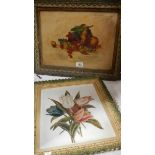 A still life painting on board and a floral painting on porcelian.