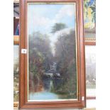 An oil on canvas rural scene, image 59 x 29 cm, frame 72 x 42 cm.