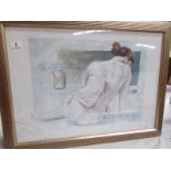 A framed and glazed print of a semi nude woman in corset, glass a/f to left corner,