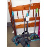 3 long handled dust pans and brushes and 1 other brush