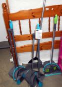 3 long handled dust pans and brushes and 1 other brush