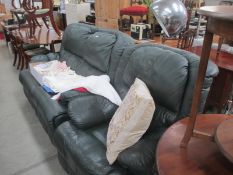 A green leather 2 seat settee and chair