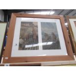 A pair of framing print in a single pine frame, 72 x 62 cm.