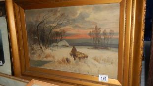 An old gilt framed oil on canvas of farmer with sheep.