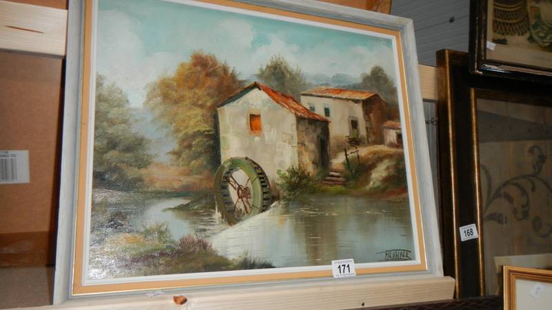 An oil on board painting of a water mill.
