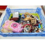 A box of costume jewellery including beads, necklaces etc.