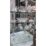 3 shelves of moulded glass including swan trinket box, vases etc.