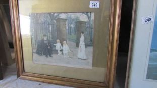 A framed and glazed watercolour depicting a blind beggar outside a park signed Stewart Marshall.