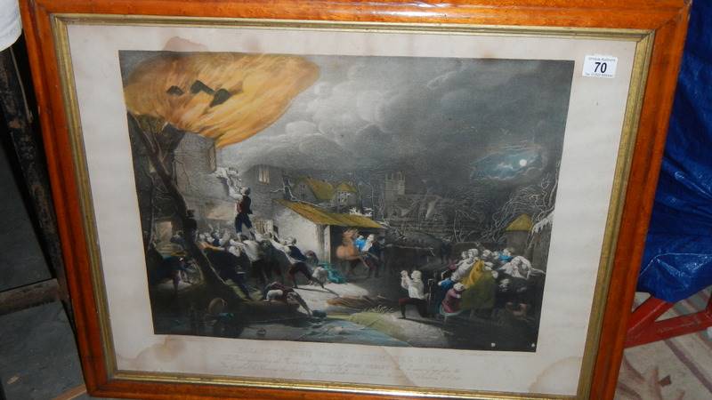 A birds eye maple framed and glazed print entitled 'The Escape of John Wesley', dated 1870.