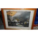A birds eye maple framed and glazed print entitled 'The Escape of John Wesley', dated 1870.