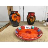 2 Poole Pottery vases and a Poole pottery tray,