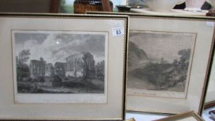 A pair of framed and glazed engravings of abbey ruins, 42 x 35 cm.