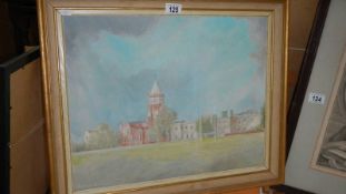 A framed and glazed watercolour of a Rugby school, 59 x 49 cm.