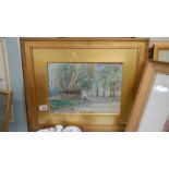 A gilt framed and glazed watercolour woodland scene with sheep.