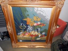 A large gilt framed woolwork tapestry still life of fruit by Philippa Eminson 1988 71cm x 82cm,