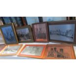 5 framed engraving on metal of Lincoln scenes and 3 others.