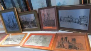 5 framed engraving on metal of Lincoln scenes and 3 others.