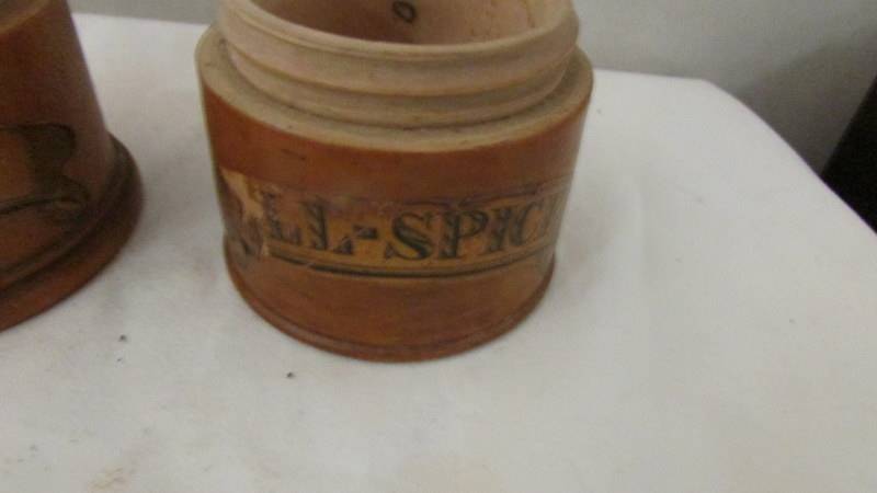 A three part turned wood spice storage drum, 15 cm tall. - Image 5 of 5