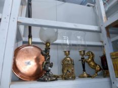 A brass electric clock(needs re-wiring) brass horse, cherub lamp (untested) copper warming pan etc.