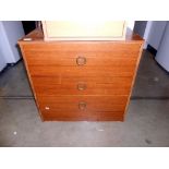 A teak effect 3 drawer bedroom chest of drawers 66cm x 46cm x height 65cm