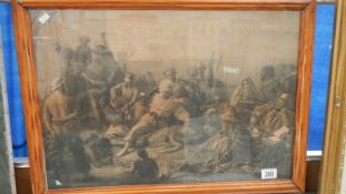 A framed and glazed Victorian engraving possibly depicting slave trading.