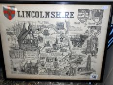 A framed map of Lincolnshire copyright R.F. International MCMLXXIV 52.