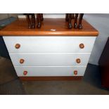 A light oak effect and painted 3 drawer bedroom chest of drawers 77cm x 46cm x height 65cm