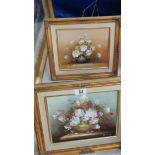 A pair of oil on canvas floral studies signed R Cox and Contaul, 35 x 29 cm.