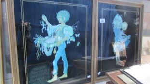 A pair of prints of a boy and girl on glass.