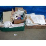 A box of vintage haberdashery and a box of vintage items including 2 early 20th century gowns,