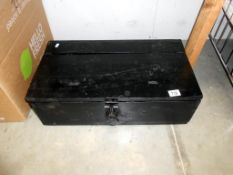 An antique carpenters tool box and contents 61cm x 34cm x 20cm