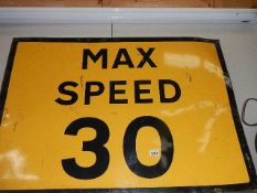 A "Max Speed 30" road sign, 115 x 75 cm.