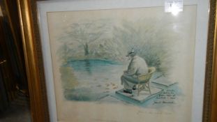 A gilt framed and glazed print depicting Sir Winston Churchill feeding fish in a pond,