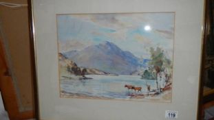 A framed and glazed watercolour lake scene with cattle, signed, 55 x 47 cm.