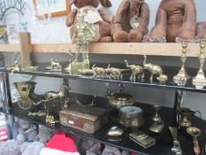 A quantity of brass items including horse and cart, candlesticks, figure of a viking, elephants,