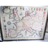 A framed and glazed map of Europe based on the original of 1590.