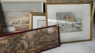 A tapestry of a hunting scene and another hunt related picture.