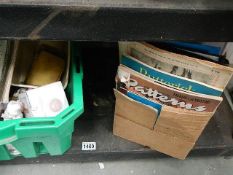 A quantity of needlework magazines and a box of sundries.