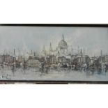 A framed and glazed cityscape signed Ben Maile, 106 x 54 cm.