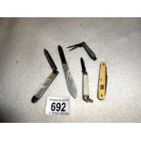2 silver MOP penknives and 3 other vintage penknives