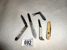 2 silver MOP penknives and 3 other vintage penknives