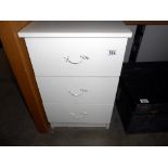A white melamine 3 drawer bedroom bedside chest of drawers